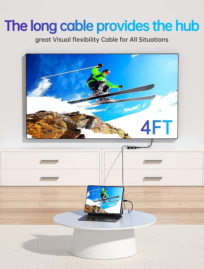 USB C Hub Long Cable 4FT 10Gbps, Multiport Adapter with 4K 60Hz HDMI, 100W Power Delivery, 3 USB A3.1+1 USB-C 3.1 Data Port, USB C to HDMI Adapter for MacBook, Dell, Lenovo, Surface, iPad PRO