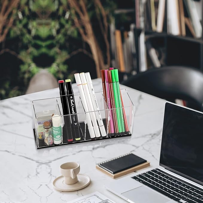 Acrylic Clear Pencil Holder Pen Holder 4 Compartments,Brush Holder Countertop Desk Organizers and Storage for Pen,Pencil,Desk Accessories,Makeup Brush,Stationary and Art Supplies(Assembly Required)