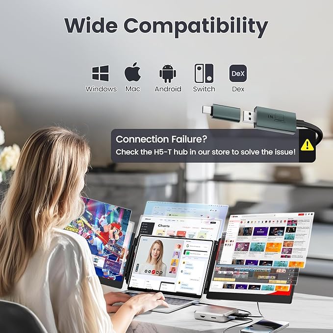 Teamgee 14" Laptop Screen Extender, FHD 1080P IPS Triple Portable Monitor for 13''-17" (Diagonal) Laptop, HDMI/USB-A/Type-C Plug & Play, Built-in Speakers & Adjustable Stand, for Mac/Wins/Android/Dex