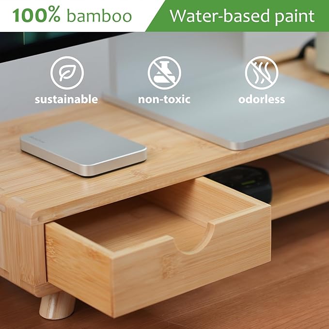 Bamboo Monitor Stand Riser with Drawer, Ergonomic Computer Riser for Desk with Cable Management & Storage Organizer, Wood Monitor Stand for Home Office