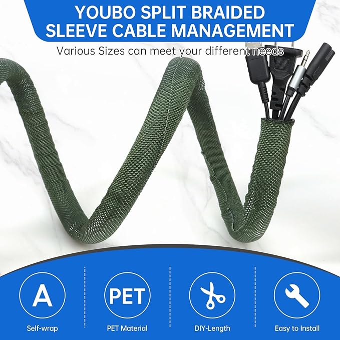 Split Braided Cable Sleeve，Flexible Wire Loom Tubing, Automotive Cord Protector Pet Proof, Cable Management for Computer TV Electric Wires Harness 16ft (Dark Green, 25mm（1")