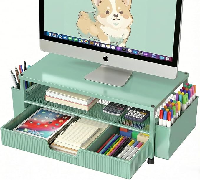 Desk Organizer and Accessories, 2-Tier Computer Monitor Stand Rise with Storage Drawer & 2 Pen Holders, Laptop & Printer Stand for Desktop, Workspace Organizers for Office Supplies (Green)