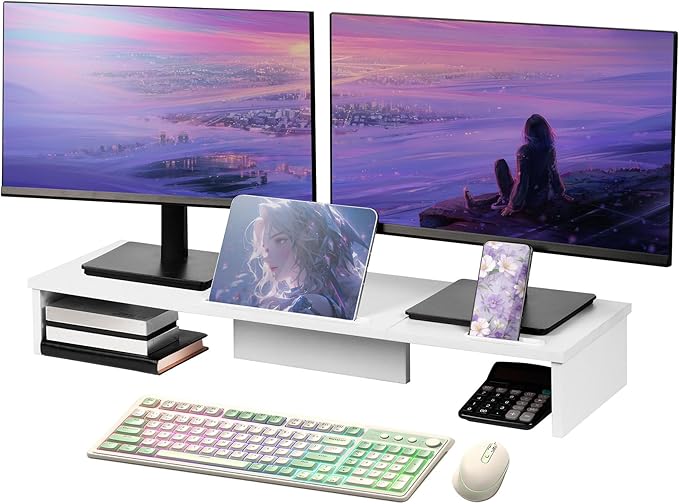 Dual Monitor Stand Riser with Phone Tablet Holder, 35.8in Large Monitor Stand for Desk, Computer Monitor Stand for 2 Monitors, Desk Shelf for Top of Desk, Desktop Organizer for Laptop, Printer, TV