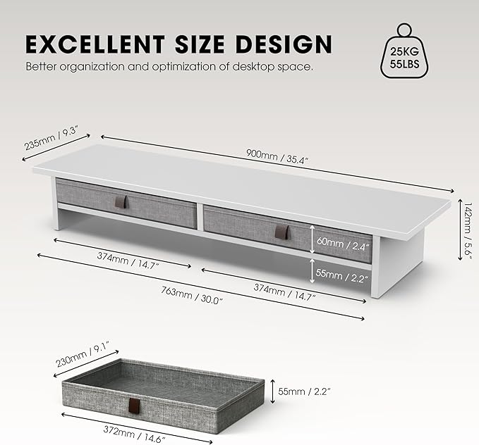 Fenge Monitor Stand with Drawer, 2 Tiers Dual Monitor Riser for Desk, 35 Inch Computer Stand for 2 Monitors, Desk Shelf for Home, Office, Laptop, PC, TV, Printer