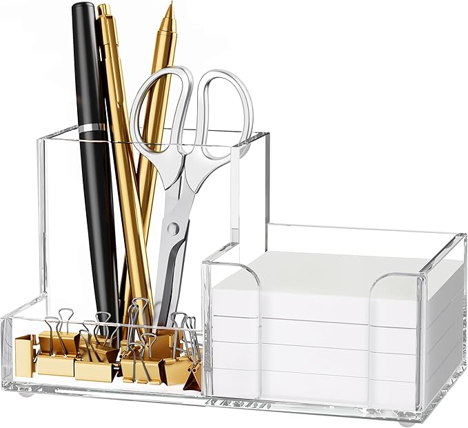 HBlife Acrylic Pen Holder for Desk, 3-Compartment Small Desk Organizer, Clear Office Supplies Desk Accessories with Sticky Notes Holder Stores Post It Notes 3X3 for Office, Home and School