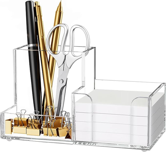 HBlife Acrylic Pen Holder for Desk, 3-Compartment Small Desk Organizer, Clear Office Supplies Desk Accessories with Sticky Notes Holder Stores Post It Notes 3X3 for Office, Home and School