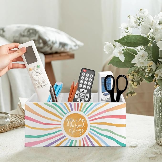 Boho Colorful Sunshine Pen Pencil Holder Organizer for Desk Accessories, Boho Classroom Decor, You Can Do Hand Things Inspirational Wooden Box Signs Decorations for Kids Room Desk Tabletop