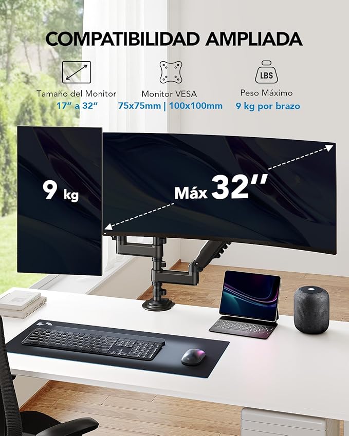 HUANUO 17-32 Inch Dual Monitor Stand, Gas Spring Dual Monitor Mount, Monitor Stand 2 Monitors, Ergonomic Adjustable Tilt/Swivel/Rotate, Weight Max 19.8 lbs, VESA 75/100mm