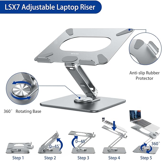 BESIGN LSX7 Laptop Stand with 360° Rotating Base, Ergonomic Adjustable Notebook Stand, Riser Holder Computer Stand Compatible with Air, Pro, Dell, HP, Lenovo More 10-15.6" Laptops (Gray)