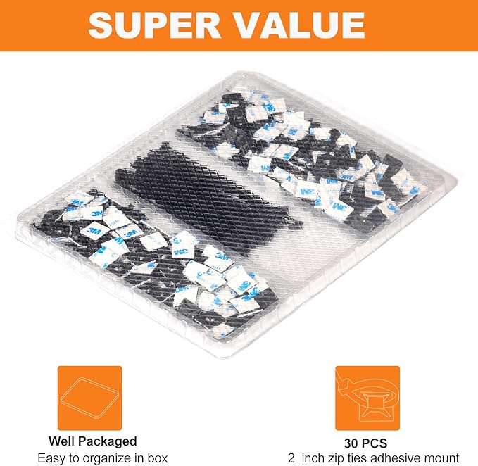 30 Pack 2 inch Zip Tie Adhesive Mounts Self Adhesive Cable Tie Base Holders with Multi-Purpose Tie wire clips with screw hole,Anchor stick on wire holder with 8 inch zip ties（Black）