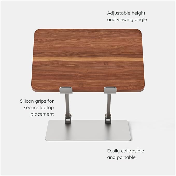 Branch Adjustable Laptop Stand - Portable Wooden Laptop Riser with Customizable Height & Angle - Foldable - Secure Silicon Grips for Home or Office - Walnut