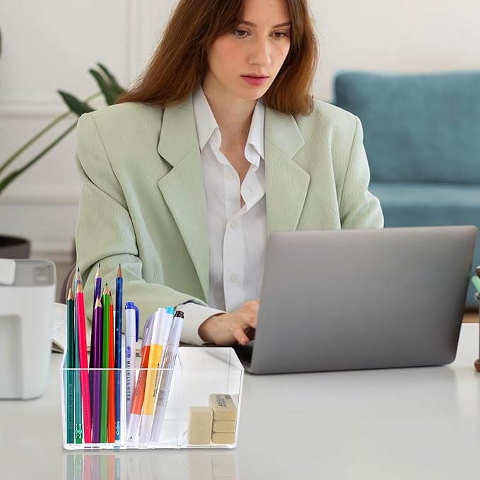 5 Pack Acrylic Pen Pencil Holder - 3 Compartment Clear Pencil Pen Organizer for Office Home Supplies Desk Accessories