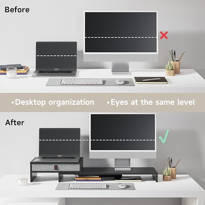 Fenge Computer Monitor Riser Stand with Drawer for 2 or 3 Monitors ,Adjustable Length and Angle Desktop Laptop Stand,Office Organizer,Printer,Black