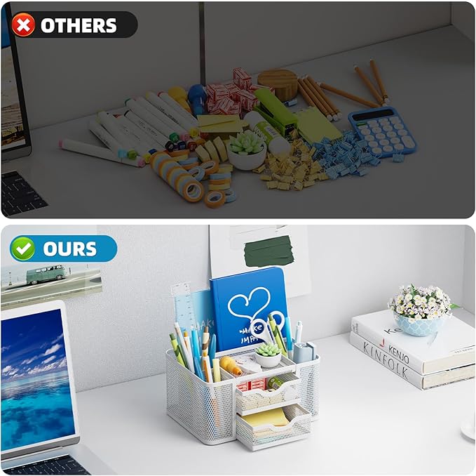 Marbrasse Mesh Desk Organizer, Pen Organizer with 2 Drawer, Multi-Functional Pencil Holder, Desk Organizers and Accessories with 5 Compartments + Drawer for Office Art Supplies (White)