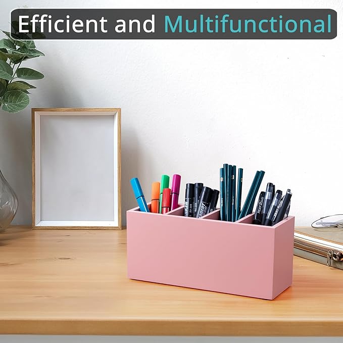 Bivvclaz Pencil Pen Holder for Desk, Wooden Office Desk Organizers and Accessories with 4 Slots for Countertop, Makeup Brush Holder Organizer for Bathroom Vanity, Silverware Caddy for Party, Pink