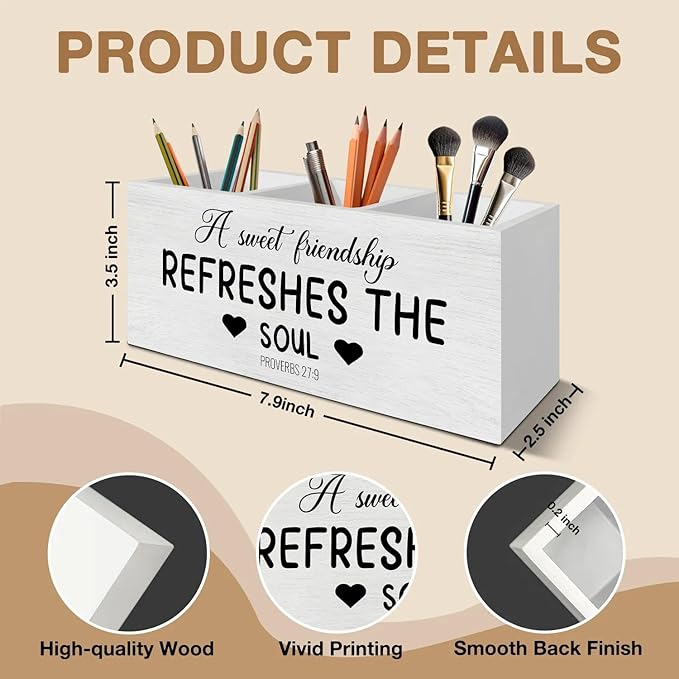 a Sweet Friendship Refreshes the Soul Christian Pen Pencil Holder Organizer for Desk Accessories, Christian Gifts for Friends Wooden Box Signs Decorations for Home Office Desk Tabletop