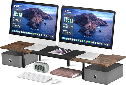 Suptek Dual Monitor Stand Riser with Two Drawers,Monitor Riser for 2 Monitors with Storage, Extra Large Storage for 2 Monitors, Multifunctional Desktop Organizer,Desktop Oraganizer Computer,Laptop,Printer,TV