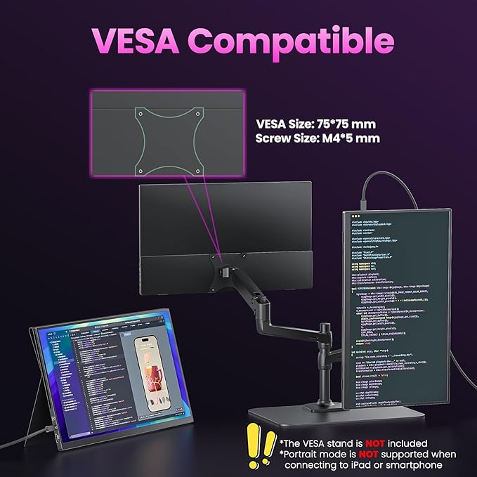 Portable Monitor 18.5" FHD 130% sRGB 100Hz IPS HDR HDMI USB-C Travel Monitor for Laptop MacBook PC Surface PS5 Xbox, Large External Display with Cover & Speakers, VESA Compatible