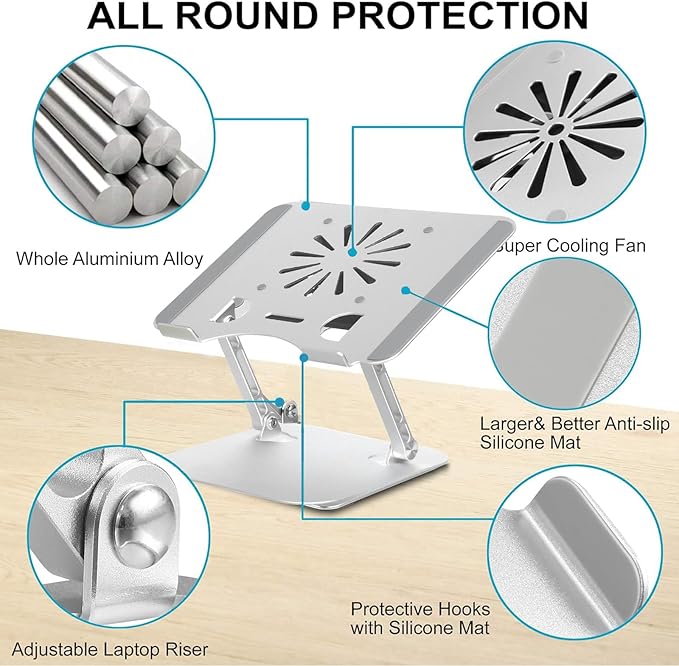 Adjustable Laptop Stand with Cooling Fan, Aluminium Alloy Multi-Angle Computer Holder for Desk, Portable Notebook Metal Mount Compatible with MacBook, Air, Pro, Dell, Alienware All Laptops 11"-17.3"