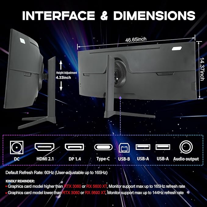 49 inch Curved Monitor with Remote, 165Hz WDQHD(5120 x 1440p) 5K Ultrawide Gaming Monitor R1500, HDR400, 3000:1 Contrast, sRGB 100%, USB-C, FreeSync, PIP/PBP, Built-in Speaker, HDMI 2.1 & DP 1.4