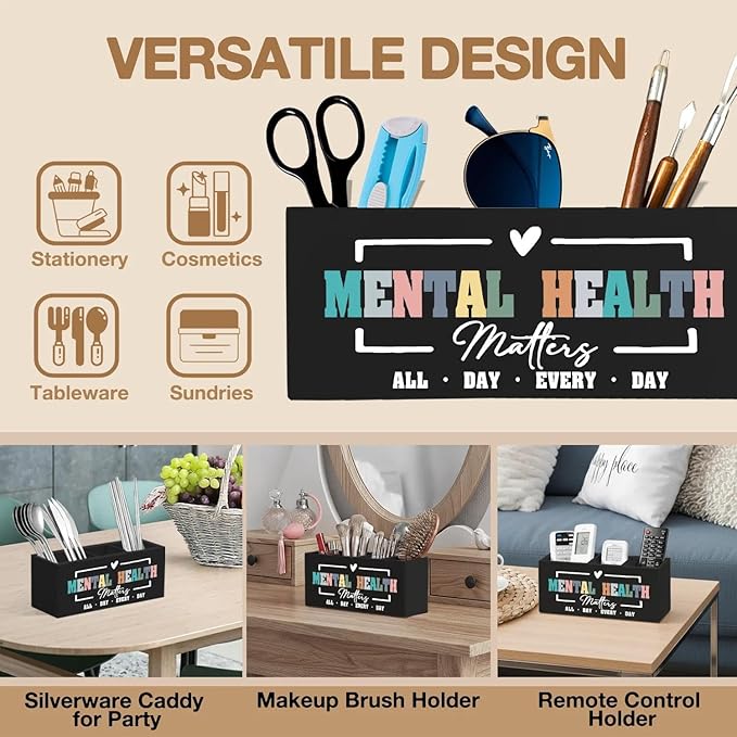 Mental Health Matters Pen Pencil Holder Organizer for Desk Accessories, Therapy Office Decor, Motivational Wooden Box Signs Decorations for Therapist Counseling Office Desk Tabletop