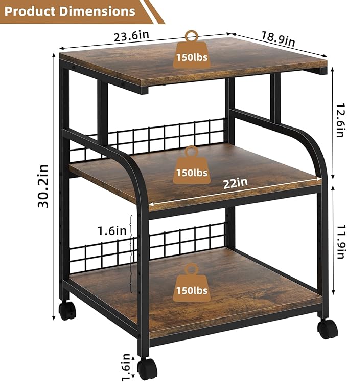 Lerliuo Large Printer Stand with Storage, 23.6"W x 18.9"D x 30.2"H, 5-Adjustable Shelf Heights Mobile 3 Tier Table with Lockable Wheels, Industrial Rolling Printer Cart, Brown Stands for Home Office