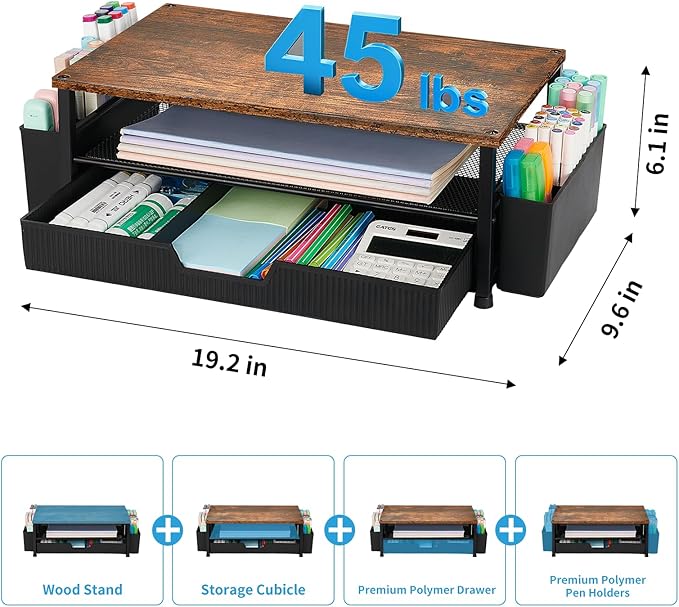 Desk Organizer and Accessories, 2-Tier Computer Monitor Stand Rise with Storage Drawer & 2 Pen Holders, Laptop & Printer Stand for Desktop, Workspace Organizers for Office Supplies (Brown)