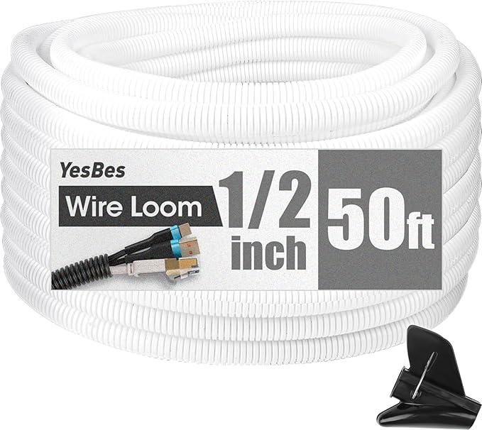 50 FT Wire Loom 1/2 Inch, Split Wire Loom Tubing Wire Conduit with Installation Tool, Flexible Wire Protector Tubing – White