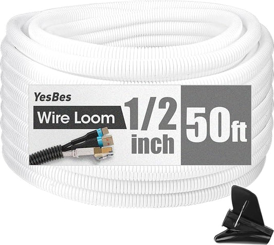 50 FT Wire Loom 1/2 Inch, Split Wire Loom Tubing Wire Conduit with Installation Tool, Flexible Wire Protector Tubing – White