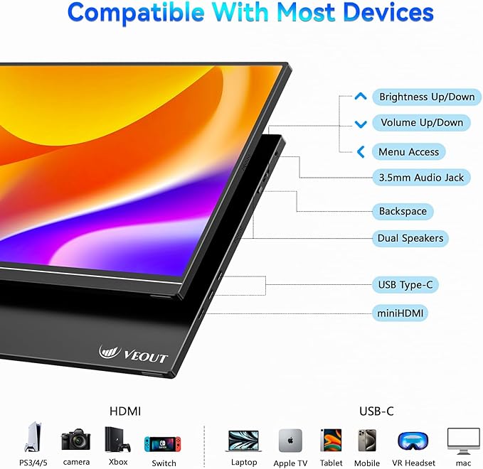 2.5K Portable Gaming Monitor with 144hz in 4 Colors - V1 Pro, 16inch 2560*1600 IPS Travel External Screen with FreeSync, Dual USB-C & Mini HDMI Second Display for Laptop/MacBook/PS5/Xbox/Switch