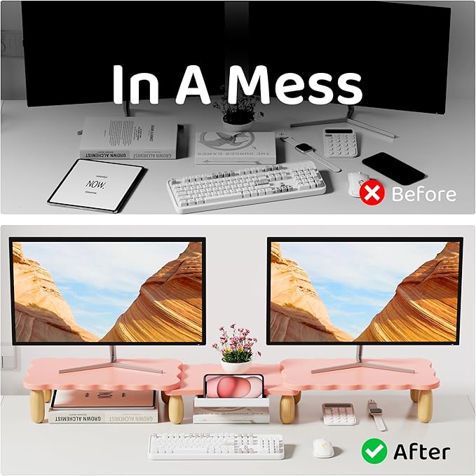 Dual Monitor Riser, Cookie-Shaped Adjustable Length & Swivel Angle, Wooden Desktop Organizer for 2 Monitors,Monitor Stand with Drawer for Laptop, PC, Computer, Printer,Pink