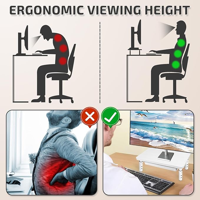 Monitor Riser, White Monitor Stand, Blocks To Raise TV Height, Solid Wood & Metal Computer Stand, Ergonomic TV Riser Blocks, 2 Pack, White, 14.5 Inches