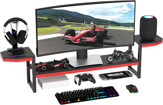 Monitor Stand for Desk,Wood and Steel Monitor Stand Riser with Side Storage shelf,Height Adjustable Computer Monitor Stand for Computer/Laptop/PC/Printer, Black+Red