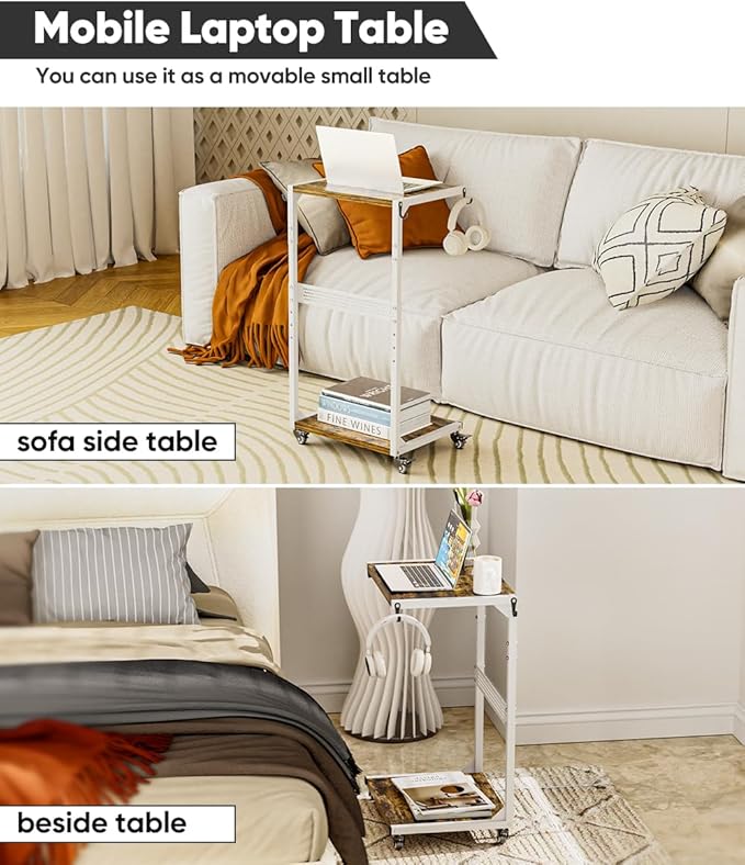 Computer Tower Stand, 2-Tier Metal CPU Holder Stand with Lockable Wheels, Adjustable Under Desk PC Shelf, Mobile Rolling Computer Cart for Home, Office, Gamers and Students, White