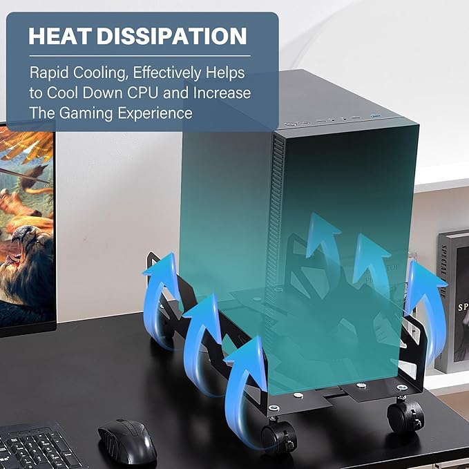 Adjustable Computer Tower Stand, Ventilated PC Tower Stand with 4 Caster Wheels,Mobile Under Desk CPU Holder, PC Cart, Computer Riser for Most Gamers and Students