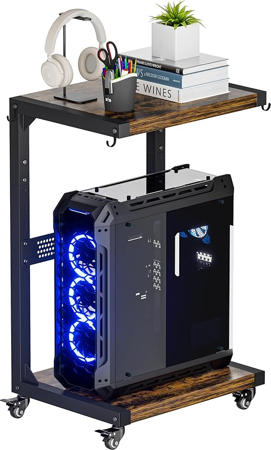 Computer Tower Stand, 2-Tier Metal CPU Holder Stand with Lockable Wheels, Adjustable Under Desk PC Shelf, Mobile Rolling Computer Cart for Home, Office, Gamers and Students, Black