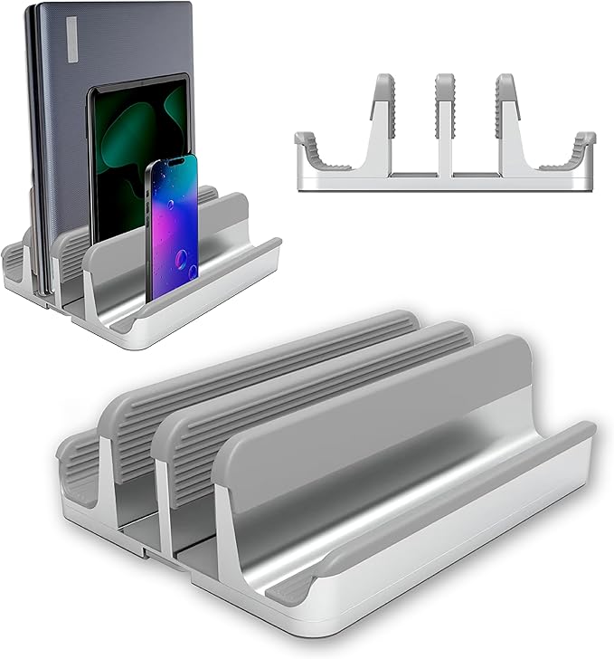 Elestoria 4- Slot Vertical Laptop Stand - Aluminum Laptop Stand Vertical for Desk - Fits MacBook Pro/Air, Surface, Mobiles & Gaming Laptops up to 17.3" - Heavy Duty Laptop Holder for Desk - Silver