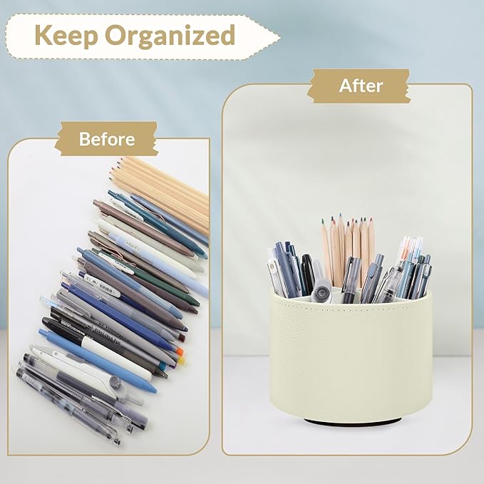 SKYDUE Rotating Pencil Pen Holder, PU Pen Organizer with 4 Slots - Desk Organizer and Accessories for School, Home, Office Supplies