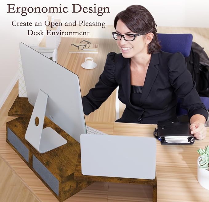 TEAMIX Dual Monitor Stand Riser - Length and Angle Adjustable White Monitor Stand with 2 Drawers to Storage Large Computer Riser for 2 Monitors/Laptop/PC, Wood Screen/TV Stand Desk Organizer (Brown)