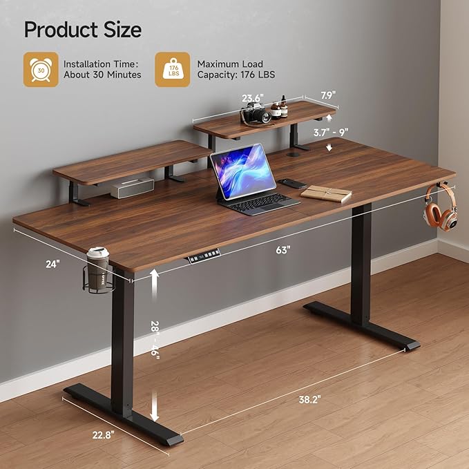 ONBRILL Standing Desk with 2 Adjustable Monitor Shelves, 63 x 24 Inches Electric Stand Up Desk with Memory Controller and Adjustable Height from 28-46 inches for Computer Workstations, Walnut