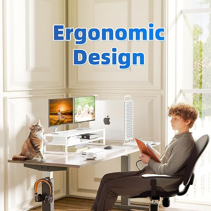 Simple Trending 2 Tier Metal Dual Monitor Stand Riser, Computer Office Desktop Organizer for 2 Monitors with 32"x10" Mouse Pad for Laptop, Printer, TV, White