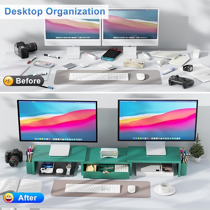 gianotter Dual Monitor Stand Riser, Desk Organizer With Drawer and 2 Pen Holders, Monitor Stand for Desk, Office Decor Essentials (Green)