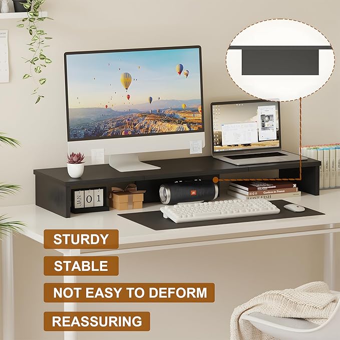 Dual Monitor Stand Riser, Large Computer Monitor Stand for Desk, Monitor Riser for 2 Monitors, Wood Desk Shelf for Top of Desk, Desktop Organizer for Computer, Laptop, Printer, TV