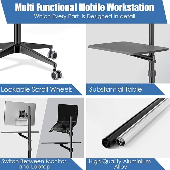 Mobile Desk Workstation,Mulitiuse Rolling Laptop Floor Stand,34"-48.6" Height Adjustable,Compatible with 17"-27" Monitor&12"-17" Laptop,21"×14" Desk Board,Maxload 17.6lbs,4 Lockable Wheels