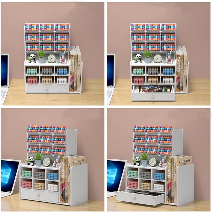 Pen organizer for desk,Marker organizer,Pen holder with drawer,Pencil Holder,with 15 Compartments and 1 Drawer, 1 File Holder Multi-Functional Desk Organizers (White)