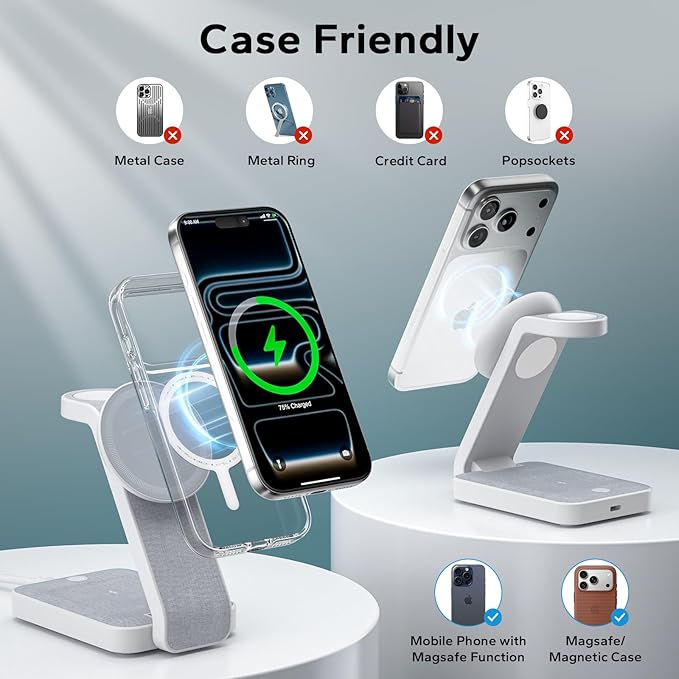 3 in 1 Foldable Wireless Travel Charging Station for MagSafe, Nightstand Magnetic Charger Stand for iPhone 17 16 15 14 Pro Max, Charging Dock with Night Light for Apple Watch/AirPods (White)