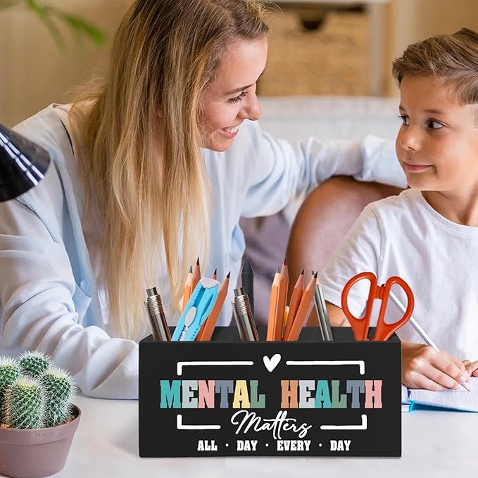 Mental Health Matters Pen Pencil Holder Organizer for Desk Accessories, Therapy Office Decor, Motivational Wooden Box Signs Decorations for Therapist Counseling Office Desk Tabletop