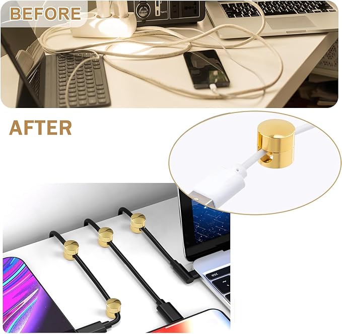 6 Sets Charger Cord Holder, Gold Metal Adhesive Cable Management Clips,Adjustable Cable Anchor Holders,Wire Organizer for Desk, Wall, Home, Office