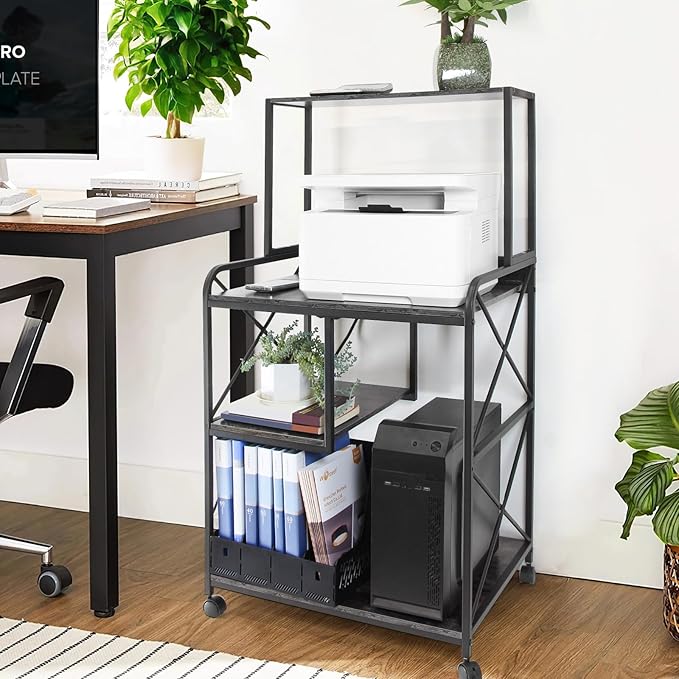 Printer Stand, 23 x 18 Inch Printer Table for Home Office, Large Printer Stand with Storage, 4 Tier Modern Home Printer Cart with Wheels & Socket, Computer Tower Stand CPU Stand, Grey