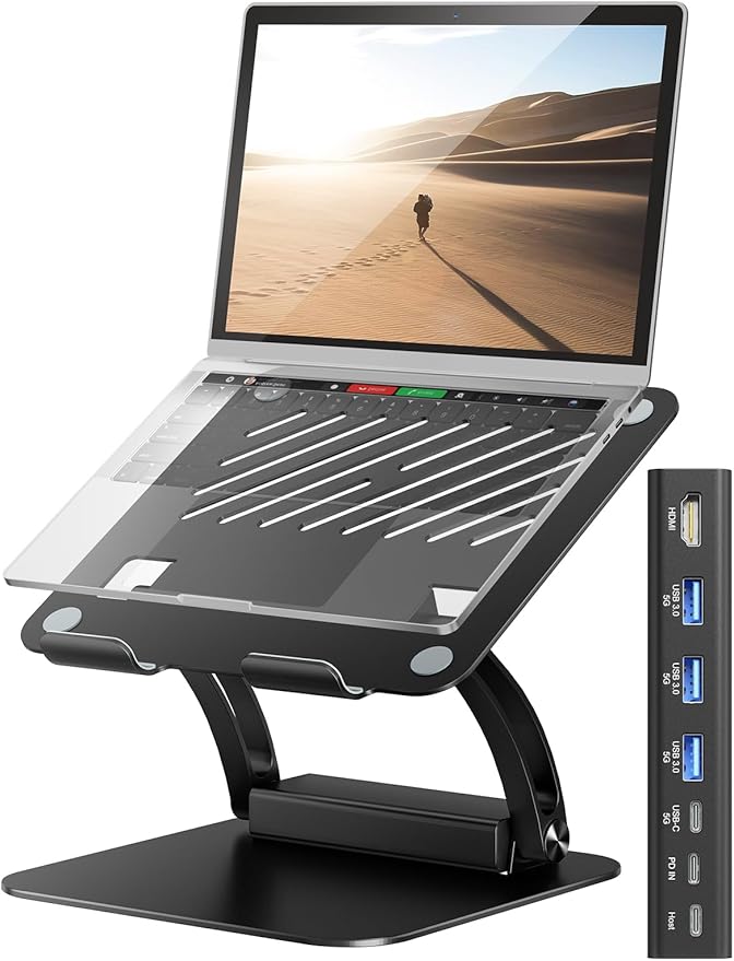 tounee Laptop Stand with Detachable USB-C Hub, 100W PD Charging, 4K@60Hz HDMI, 3 USB Ports, Ergonomic Laptop Holder Docking Station for 10-17" Laptops, MacBook & More (Black)